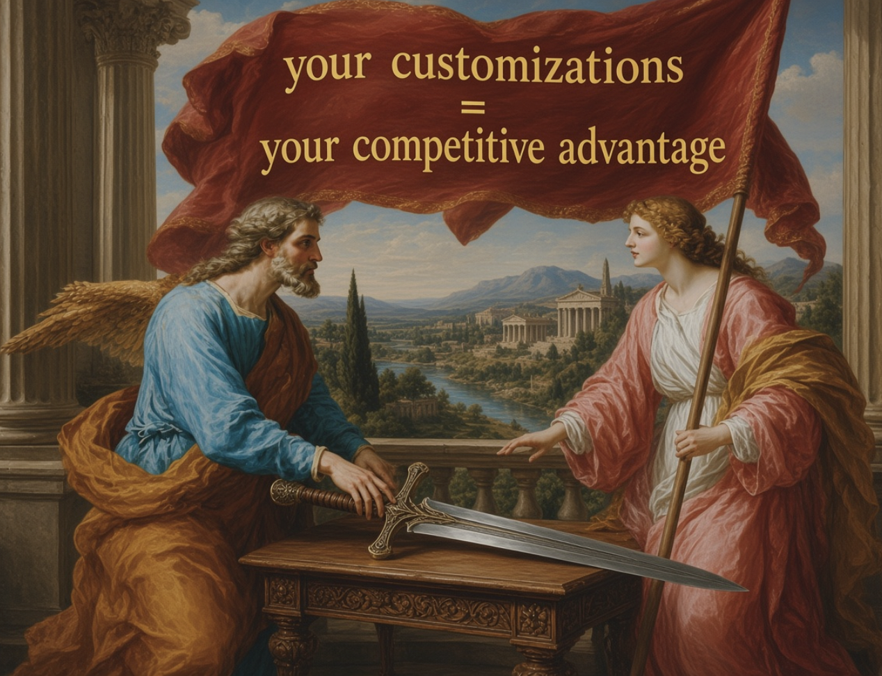 Two classical figures with a banner reading: your customizations equal your competitive advantage